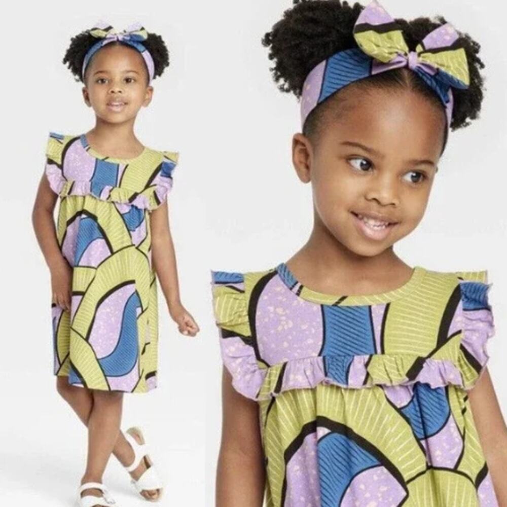 NWT Ade + Ayo Girls Summer Artsy Cotton Printed Ruffled‎ Dress With Headband 3T